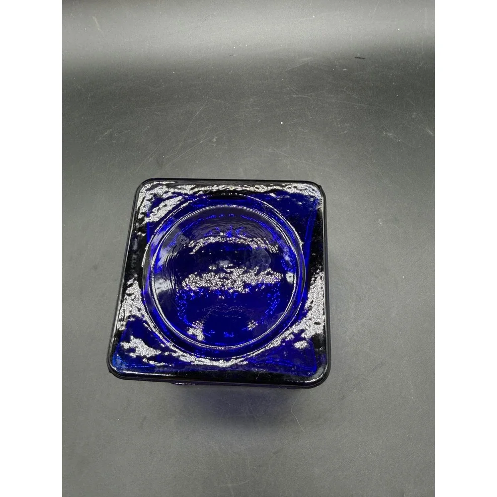 Cobalt Blue Glass Square Votive Candle Holder Textured Rim Decorative Mini Vase